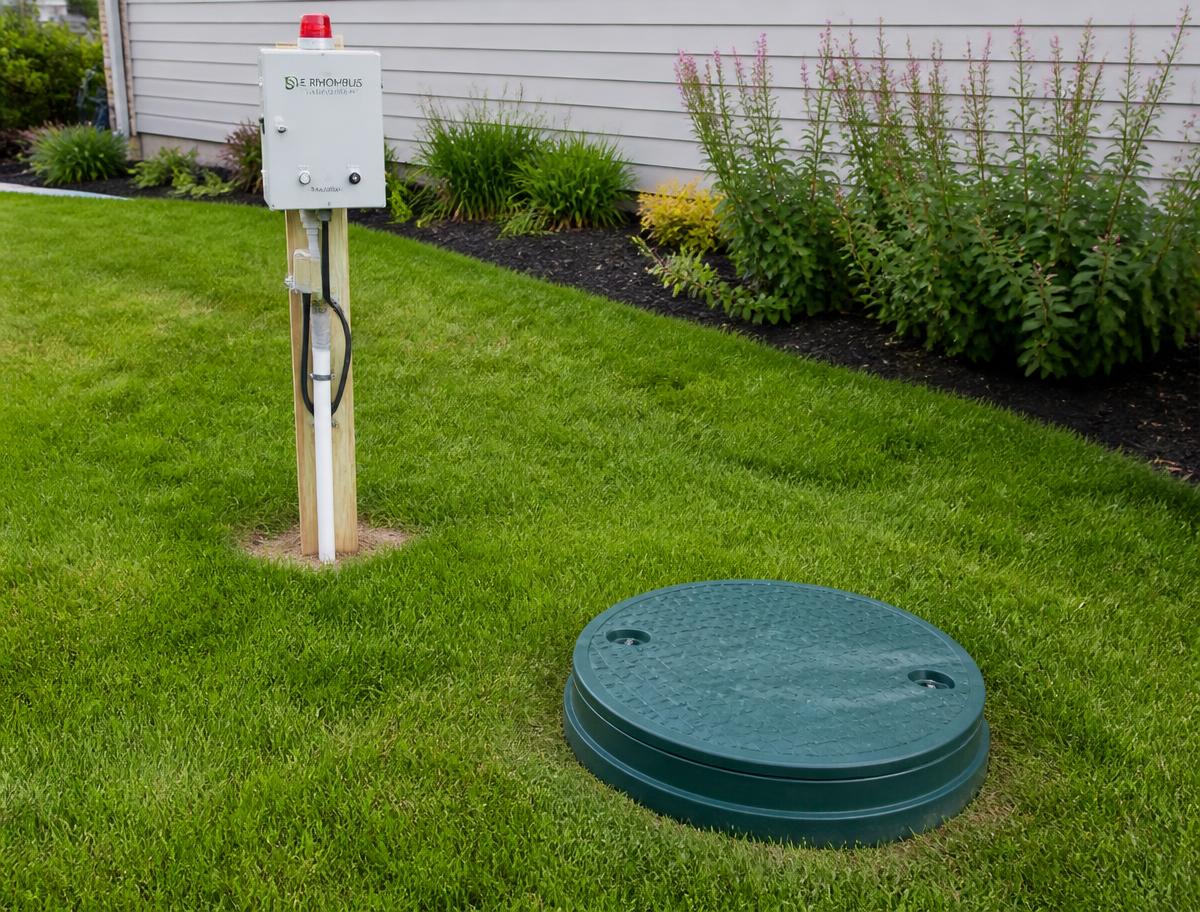 Septic riser lid at grade in a lawn with a control panel mounted nearby